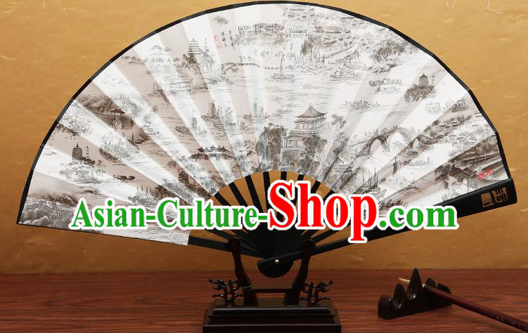 Traditional Chinese Crafts Printing Beijing-Hangzhou Grand Canal Folding Fan, China Beijing Opera Paper Fans for Men