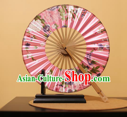 Traditional Chinese Crafts Printing Peony Pink Silk Folding Fan, China Beijing Opera Round Fans for Women