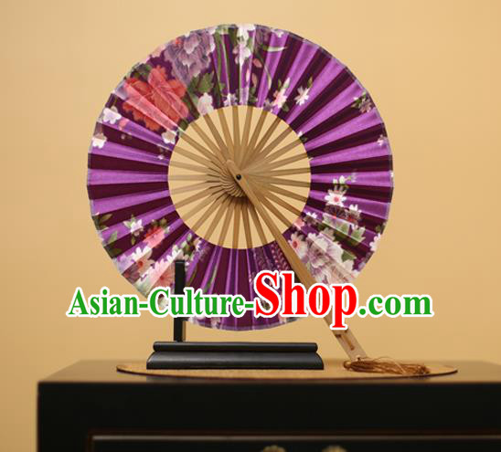 Traditional Chinese Crafts Printing Flowers Purple Silk Folding Fan, China Beijing Opera Round Fans for Women