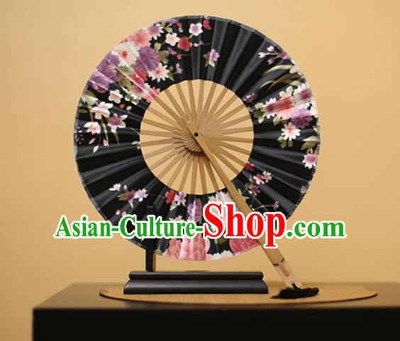 Traditional Chinese Crafts Printing Flowers Black Silk Folding Fan, China Beijing Opera Round Fans for Women