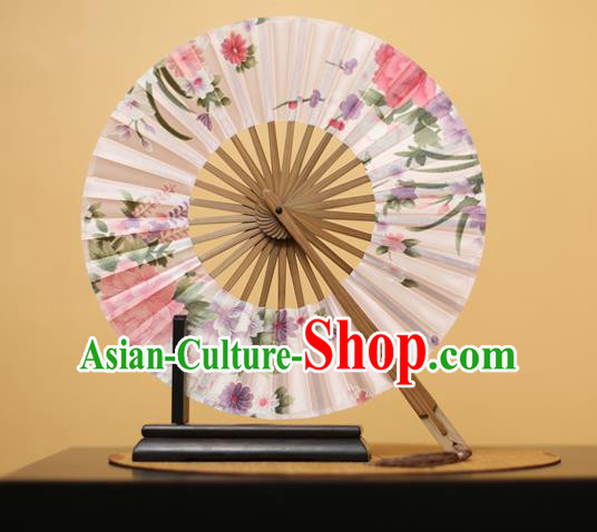 Traditional Chinese Crafts Printing Flowers White Silk Folding Fan, China Beijing Opera Round Fans for Women