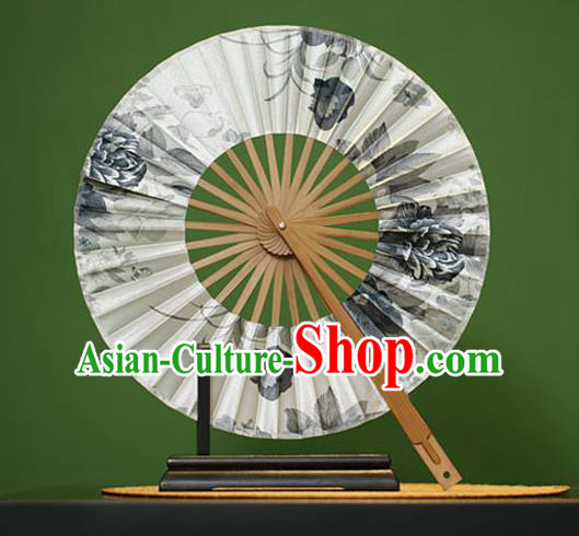 Traditional Chinese Crafts Ink Painting Flowers White Silk Folding Fan, China Beijing Opera Round Fans for Women