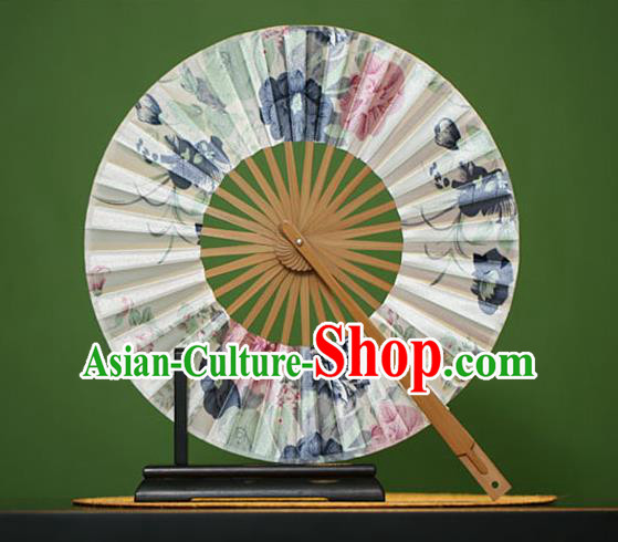 Traditional Chinese Crafts Printing Flowers Silk Folding Fan, China Beijing Opera Round Fans for Women