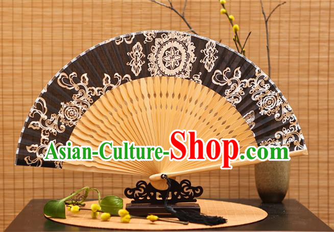 Traditional Chinese Crafts Printing Black Silk Folding Fan Sensu Fans for Women