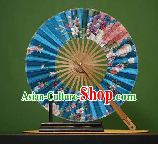 Traditional Chinese Crafts Printing Flowers Blue Silk Folding Fan, China Beijing Opera Round Fans for Women