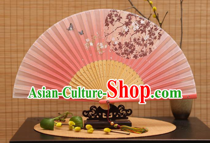 Traditional Chinese Crafts Printing Oriental Cherry Pink Folding Fan, China Beijing Opera Silk Fans for Women