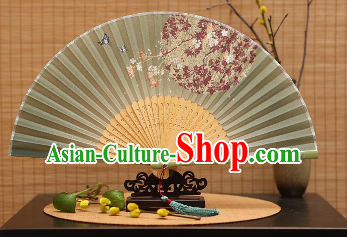 Traditional Chinese Crafts Printing Oriental Cherry Green Folding Fan, China Beijing Opera Silk Fans for Women