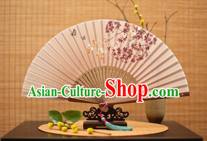 Traditional Chinese Crafts Printing Oriental Cherry Folding Fan, China Beijing Opera Silk Fans for Women