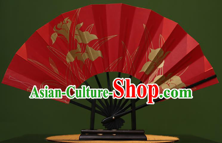 Traditional Chinese Crafts Printing Orchid Red Paper Folding Fan Sensu Fans for Women