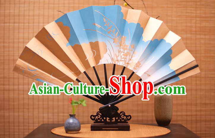 Traditional Chinese Crafts Printing Orchid Blue Paper Folding Fan Sensu Fans for Women