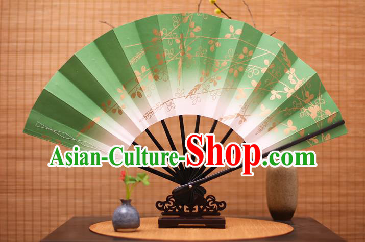 Traditional Chinese Crafts Printing Flowers Green Paper Folding Fan Sensu Fans for Women