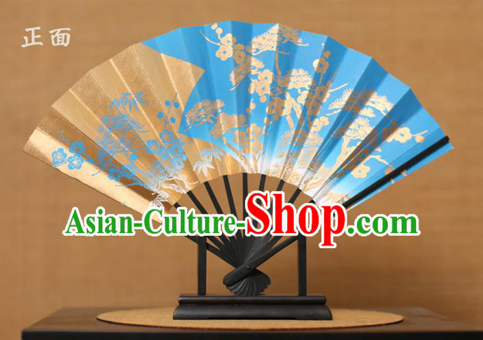 Traditional Chinese Crafts Printing Pineburst Blue Paper Folding Fan Sensu Fans for Women