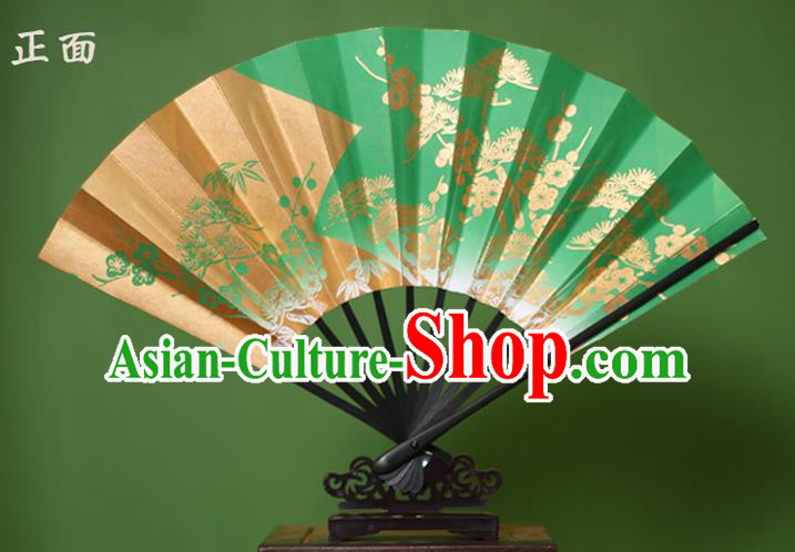 Traditional Chinese Crafts Printing Pineburst Green Paper Folding Fan Sensu Fans for Women