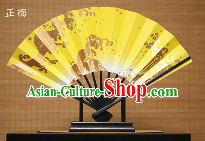 Traditional Chinese Crafts Printing Yellow Paper Folding Fan Sensu Fans for Women