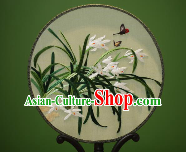 Traditional Chinese Crafts Embroidered Orchid Round Fan, China Palace Fans Princess Silk Circular Fans for Women