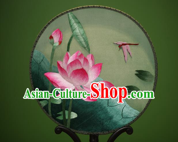 Traditional Chinese Crafts Embroidered Lotus Round Fan, China Palace Fans Princess Silk Circular Fans for Women