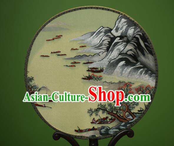 Traditional Chinese Crafts Embroidered Landscape Round Fan, China Palace Fans Princess Silk Circular Fans for Women