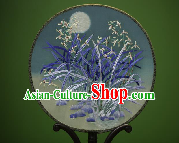 Traditional Chinese Crafts Embroidered Orchid Round Fan, China Palace Fans Princess Silk Circular Fans for Women