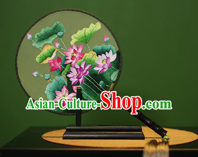 Traditional Chinese Crafts Embroidered Lotus Flowers Round Fan, China Palace Fans Princess Silk Circular Fans for Women