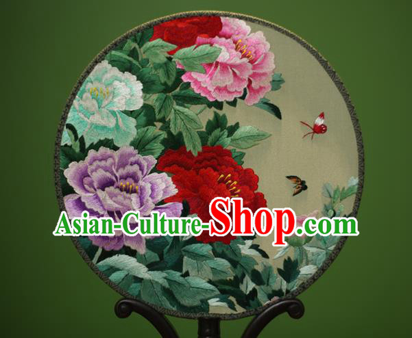 Traditional Chinese Crafts Embroidered Peony Flowers Round Fan, China Palace Fans Princess Silk Circular Fans for Women