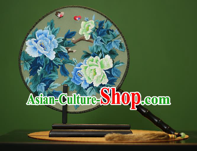Traditional Chinese Crafts Embroidered Butterfly Peony Round Fan, China Palace Fans Princess Silk Circular Fans for Women