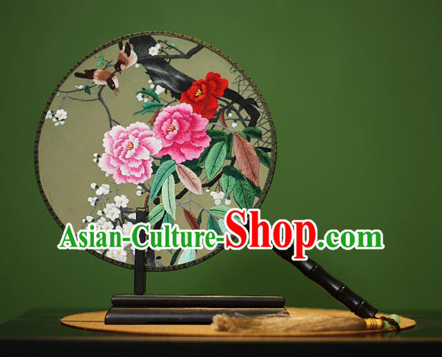 Traditional Chinese Crafts Embroidered Birds Peony Round Fan, China Palace Fans Princess Silk Circular Fans for Women