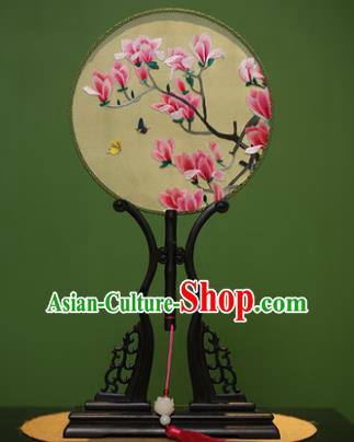 Traditional Chinese Crafts Embroidered Red Magnolia Round Fan, China Palace Fans Princess Silk Circular Fans for Women
