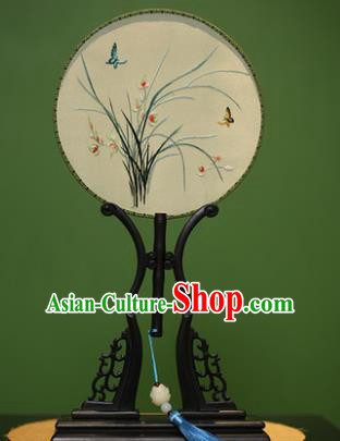 Traditional Chinese Crafts Embroidered Orchid Butterfly Round Fan, China Palace Fans Princess Silk Circular Fans for Women