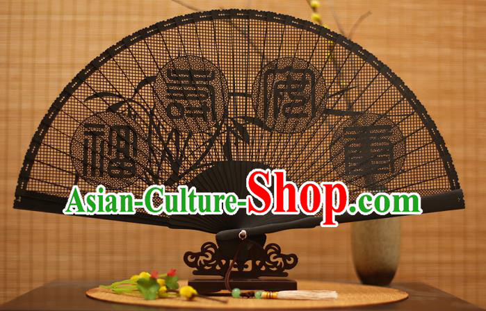 Traditional Chinese Crafts Black Sandalwood Folding Fan, Chinese Hollow Out Fans Bamboo Fans for Women