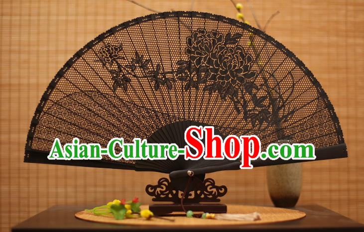 Traditional Chinese Crafts Black Sandalwood Folding Fan, Chinese Hollow Out Peony Fans Bamboo Fans for Women
