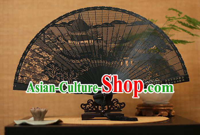 Traditional Chinese Crafts Black Sandalwood Folding Fan, Chinese Hollow Out Palace Fans Bamboo Fans for Women