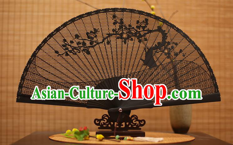 Traditional Chinese Crafts Black Sandalwood Folding Fan, Chinese Hollow Out Wintersweet Fans Bamboo Fans for Women