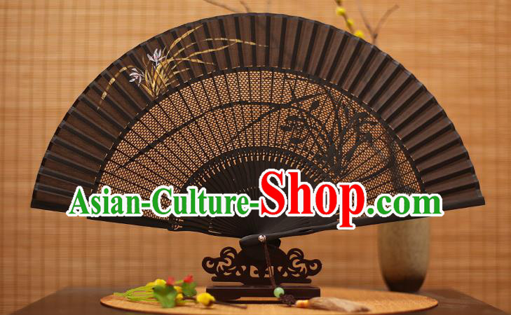 Traditional Chinese Crafts Black Sandalwood Folding Fan, Chinese Hollow Out Orchid Fans Bamboo Fans for Women