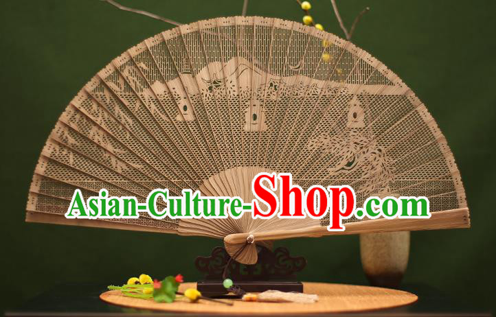 Traditional Chinese Crafts Sandalwood Folding Fan, Chinese Hollow Out West Lake Bamboo Fans for Women