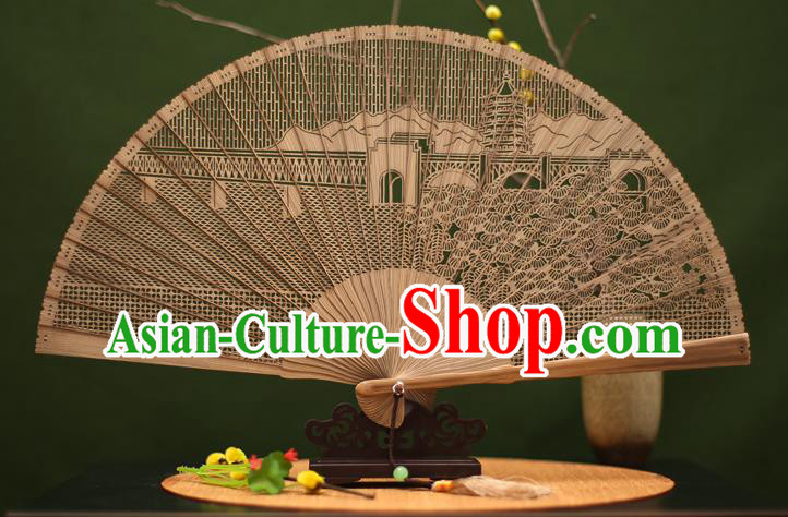 Traditional Chinese Crafts Sandalwood Folding Fan, Chinese Hollow Out Leifeng Pagoda Bamboo Fans for Women
