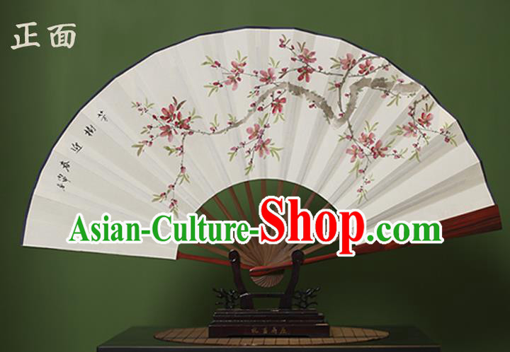 Traditional Chinese Crafts Ink Painting Peach Blossom Folding Fan, China Handmade Xuan Paper Fans for Men