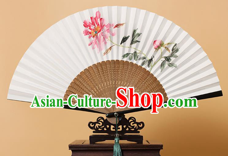 Traditional Chinese Crafts Ink Painting Peony Folding Fan, China Handmade Xuan Paper Fans for Men