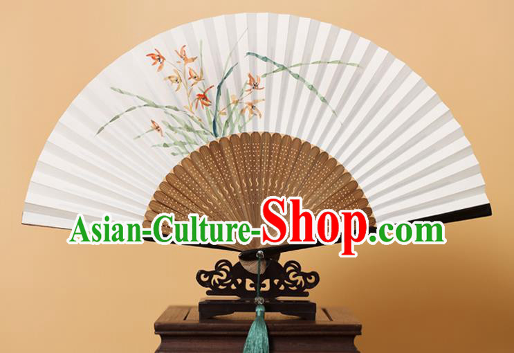 Traditional Chinese Crafts Hand Painting Orchid Folding Fan, China Handmade Xuan Paper Fans for Men