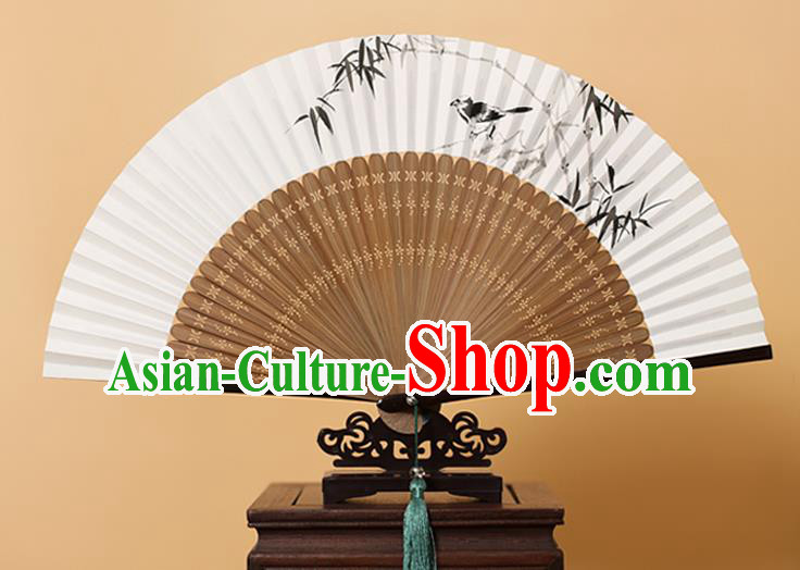 Traditional Chinese Crafts Hand Painting Bamboo Bird Folding Fan, China Handmade Xuan Paper Fans for Men