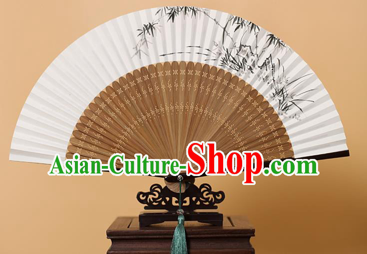 Traditional Chinese Crafts Hand Painting Bamboo Stone Folding Fan, China Handmade Xuan Paper Fans for Men