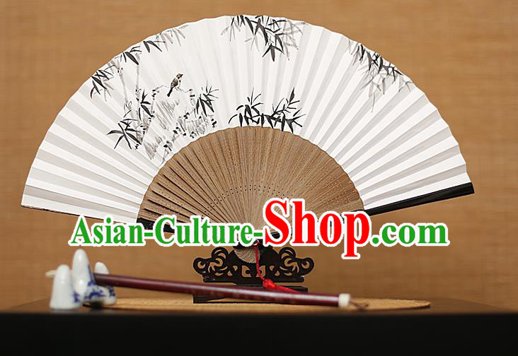 Traditional Chinese Crafts Hand Painting Bamboo Bird Folding Fan, China Handmade Xuan Paper Fans for Men