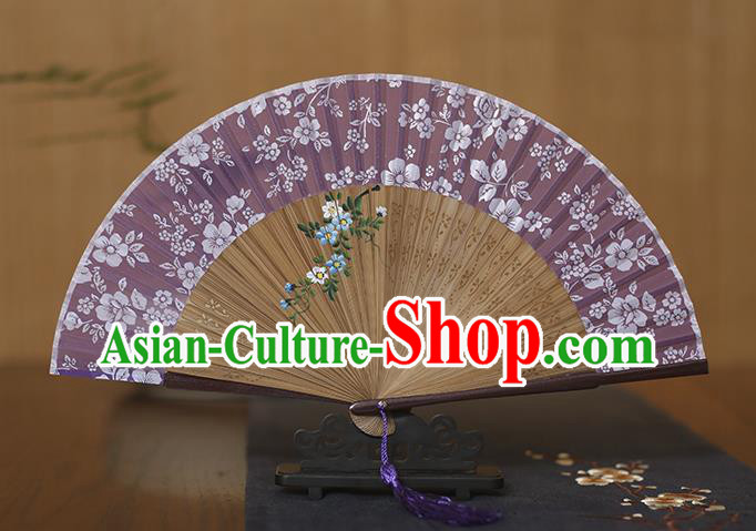 Traditional Chinese Crafts Folding Fan, China Printing Flowers Purple Silk Fans for Women