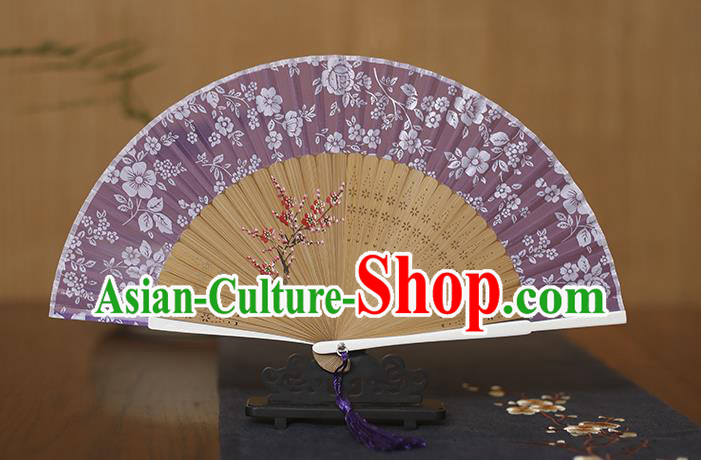 Traditional Chinese Crafts Folding Fan, China Printing Plum Blossom Purple Silk Fans for Women