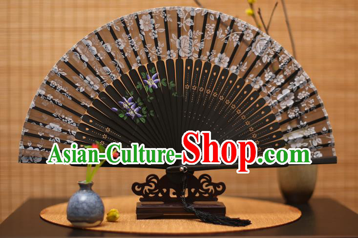 Traditional Chinese Crafts Folding Fan, China Printing Flowers Black Silk Fans for Women