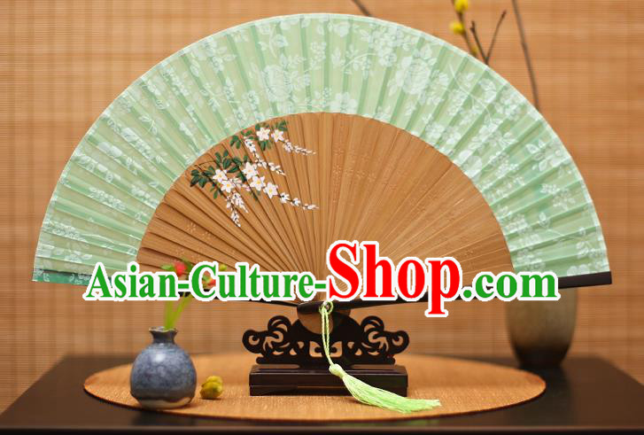 Traditional Chinese Crafts Folding Fan, China Printing Flowers Green Silk Fans for Women