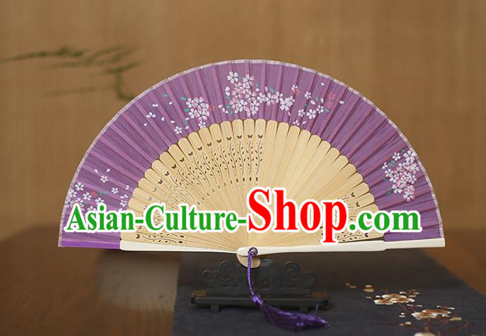 Traditional Chinese Crafts Folding Fan, China Printing Flowers Purple Silk Fans for Women