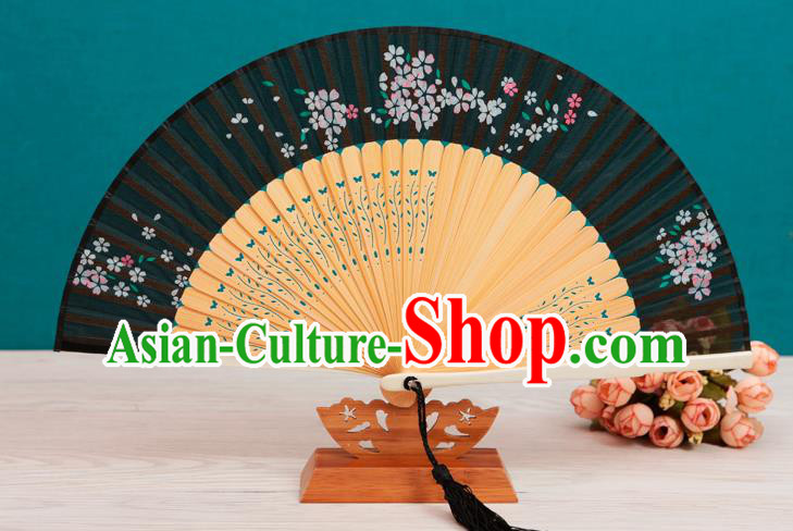 Traditional Chinese Crafts Folding Fan, China Printing Flowers Black Silk Fans for Women