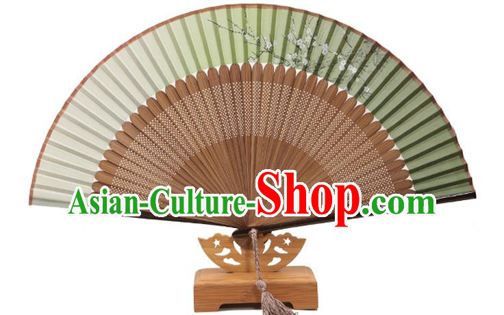 Traditional Chinese Crafts Folding Fan, China Printing Plum Blossom Green Silk Fans for Women