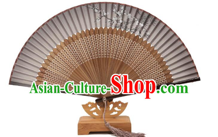 Traditional Chinese Crafts Folding Fan, China Printing Plum Blossom Black Silk Fans for Women