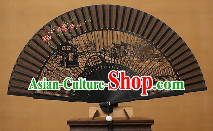 Traditional Chinese Crafts Hand Painting Wintersweet Folding Fan, China Handmade Black Silk Fans for Women